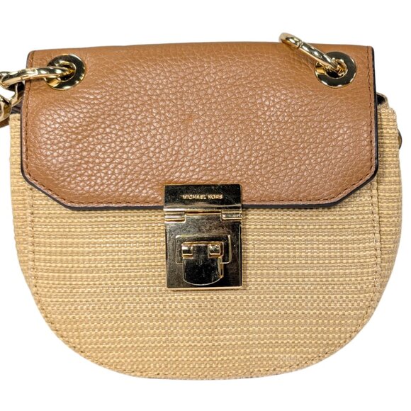 Michael Kors Cecelia Small Woven Raffia Brown Leather Flap Crossbody - Picture 2 of 10